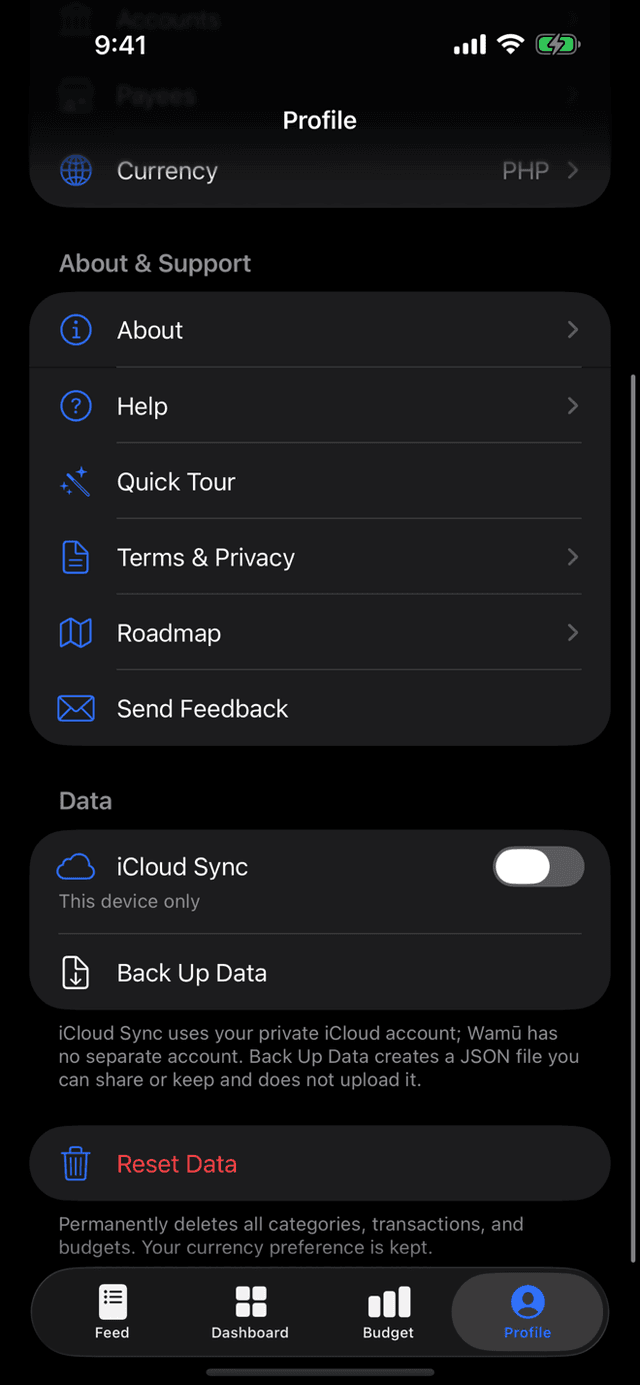 Wamū Profile with privacy and sync controls