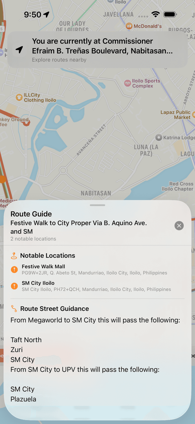 A highlighted jeepney route on the map